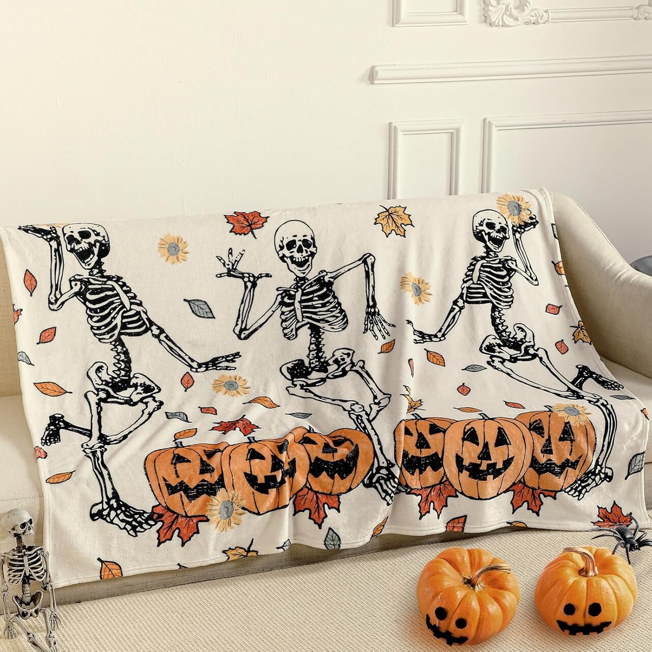 Halloween Throw Blanket Cute Dancing Skeleton Soft Blanket Pumpkin Throw Blanket Fall Leaves Cozy Blankets Halloween Decoration for Sofa Bed Holiday Party Gifts,50"X60"